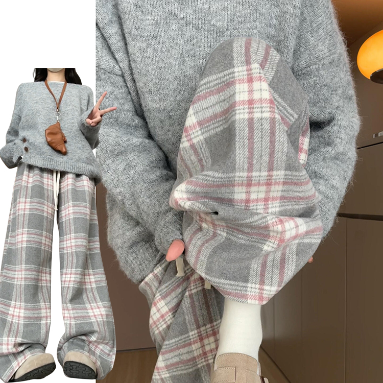 灰粉色慵懒毛呢格子裤女秋冬季2025新款高腰垂坠感宽松休闲阔腿裤