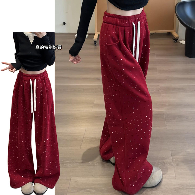 韩系显瘦新年红烫钻星空裤女秋冬2026新款加绒加厚垂感休闲阔腿裤,女装/女士精品,休闲裤,淘宝优惠券,粉丝福利购,淘宝优惠卷