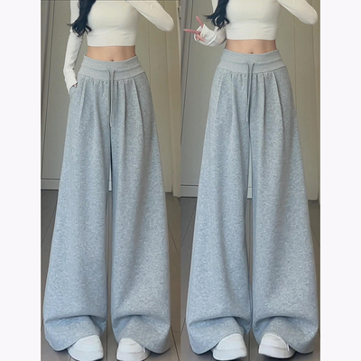 美式慵懒感灰色抽绳运动裤女早秋2025新款显瘦宽松垂感休闲阔腿裤
