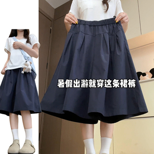 休闲A字阔腿裙裤 藏青色褶皱花苞七分裤 学院风时尚 2025新款 女夏季