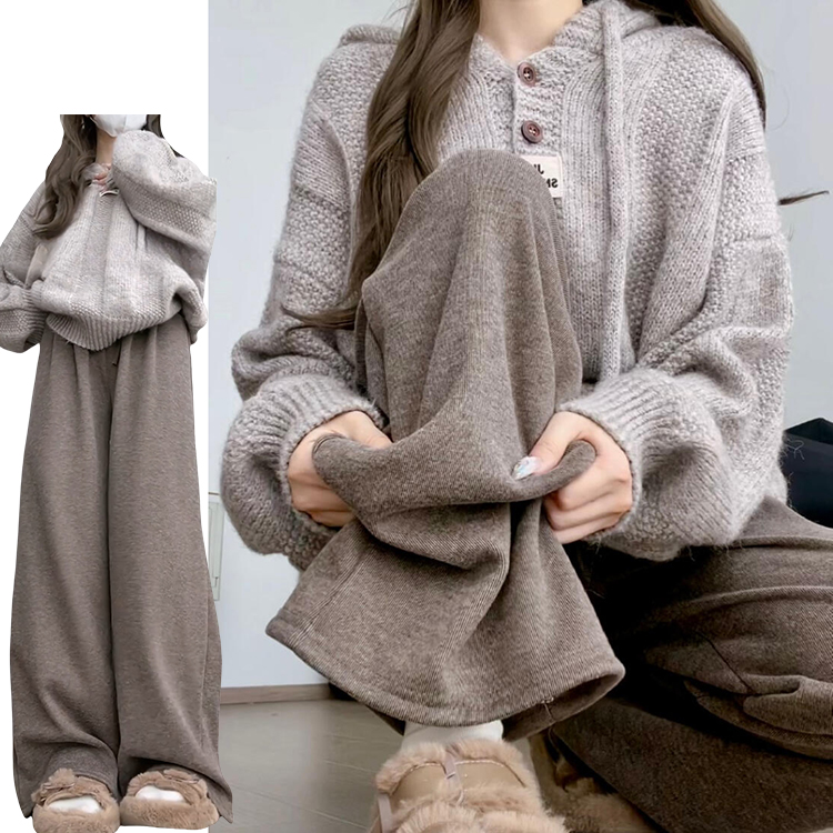 咖色慵懒针织糯米裤女秋冬季2025新款小个子高腰慵懒直筒拖地长裤