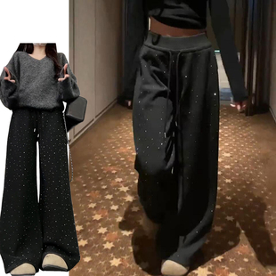 韩系慵懒风闪闪星空裤女秋冬2025新款加绒加厚垂感显瘦高腰阔腿裤