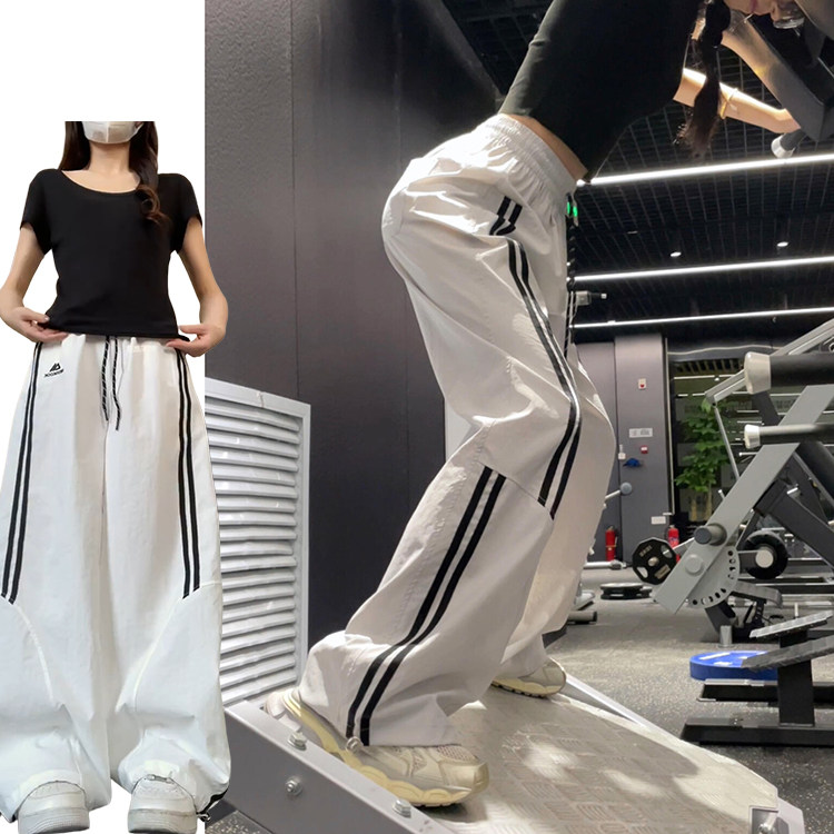 侧条纹两穿工装裤女夏季薄款2026新款设计感百搭显瘦刺绣运动卫裤