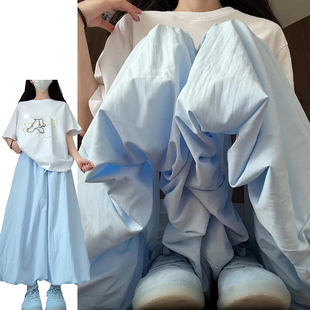 防晒休闲宽松半身裙裤 2025新款 女夏季 韩系温柔风蓝色奶芙花苞裙裤