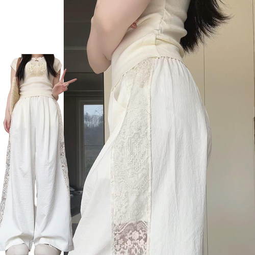 新中式蕾丝拼接镂空阔腿裤女春夏季2026新款小个子垂感高腰休闲裤