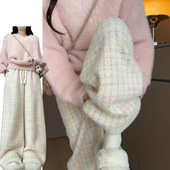 韩系加绒加厚垂坠感休闲裤 粉紫格小众千鸟格阔腿裤 女秋冬2025新款