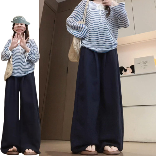 藏青色松弛感褶皱西装裤女夏季2026新款设计感显瘦宽松韩系休闲裤