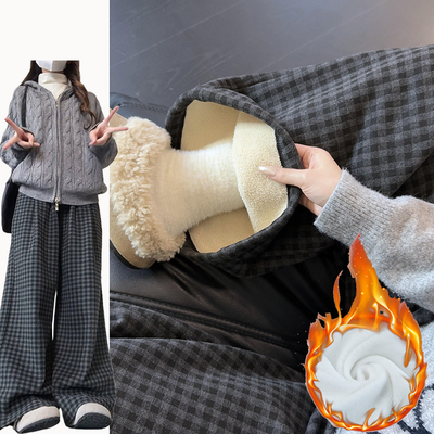 灰色棋盘格加绒毛呢格子裤女秋冬2025新款松弛感宽松加厚直筒裤子