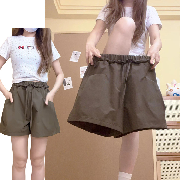 咖色花边设计感短裤女夏季薄款2026新款纯色百搭花苞腰显瘦阔腿裤图片