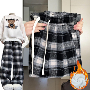 黑色复古毛呢加厚格子裤女秋冬2025新款慵懒风加厚垂感休闲阔腿裤