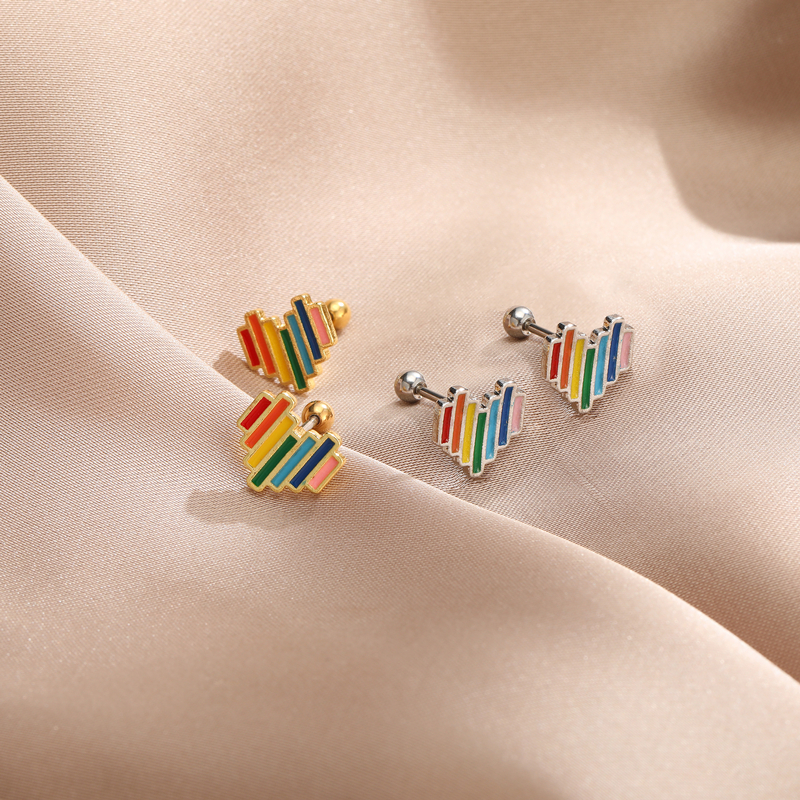 韩版钛钢七彩滴油桃心免拆螺丝扣