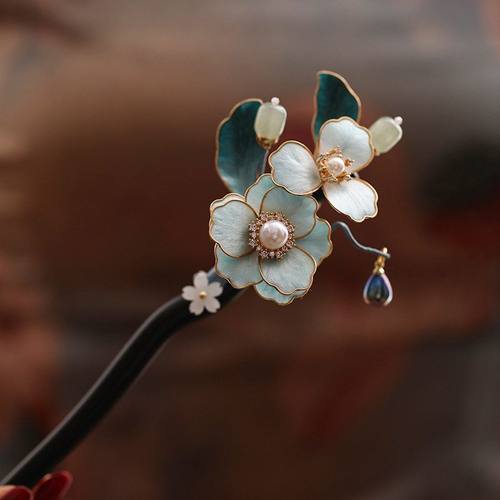 绒花发簪中式檀木簪子高级感国风汉服旗袍发饰盘发女同款发簪手作