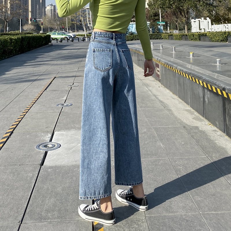 小个子牛仔裤女韩版八分直筒宽松高腰显瘦显高百搭九分垂感阔腿裤