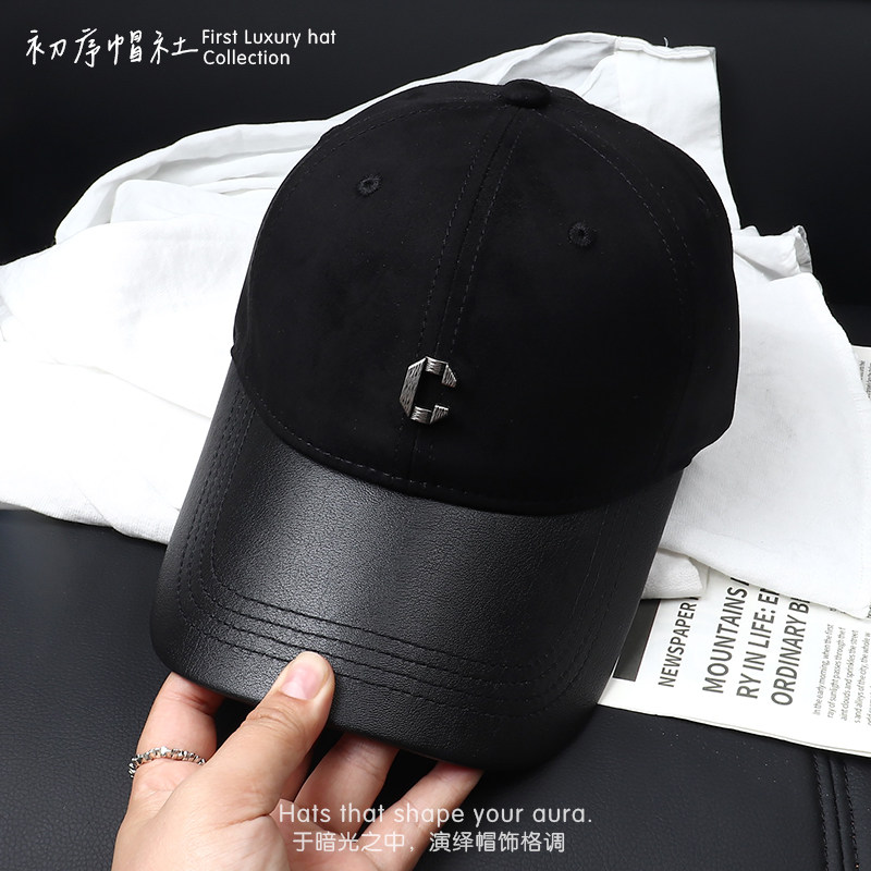 秋冬鹿皮绒金属标宽檐保暖棒球帽