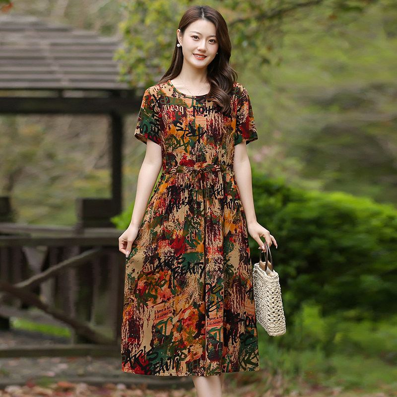 2025夏季新款妈妈装宽松大码女装棉绸连衣裙夏遮肚显瘦过膝长裙子