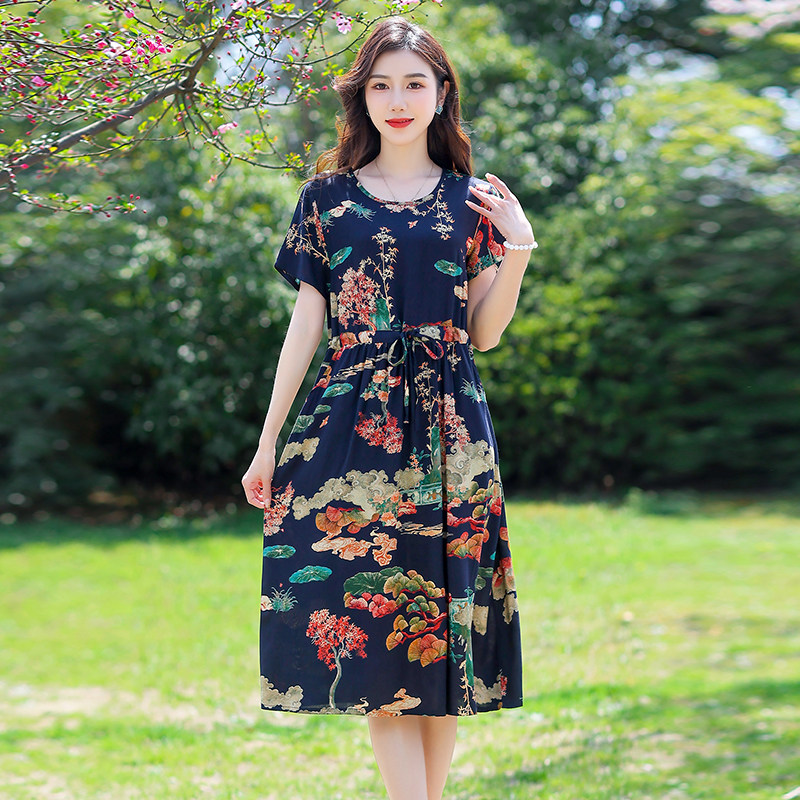 气质棉绸连衣裙女2025年新款中年妈妈夏装大码洋气中老年长裙子潮
