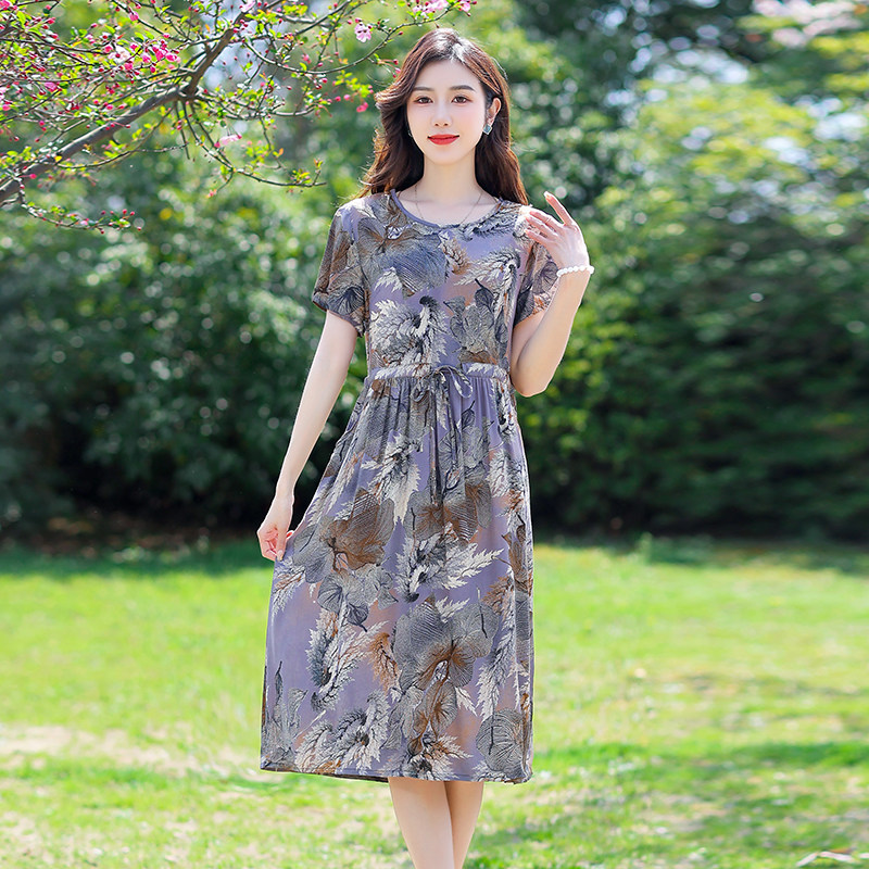 妈妈装长裙女棉绸连衣裙夏季中长款碎花裙洋气40岁裙子中老年女装