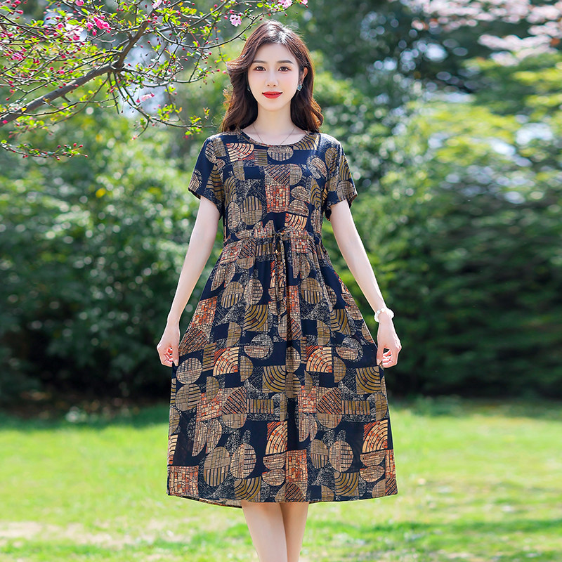 2025夏季新款妈妈短袖时尚连衣裙大码中年女装中长款过膝棉绸裙子