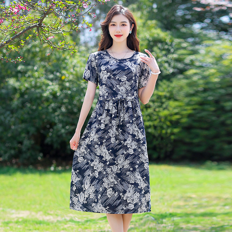 夏季洋气棉绸短袖花色连衣裙女时尚中长裙妈妈装显瘦遮肉印花裙子