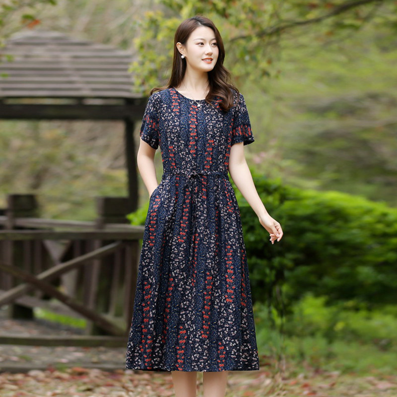 2025夏季新款女装裙子时尚韩版短袖圆领系带中长款棉绸洋气连衣裙