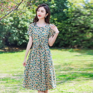 中老年大码女装夏装短袖棉绸连衣裙中长款时尚显瘦妈妈装透气裙子