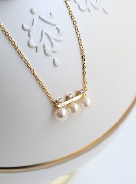 ordi天然淡水珍珠项链925纯银小平衡镶钻叠戴锁骨链镀10k金