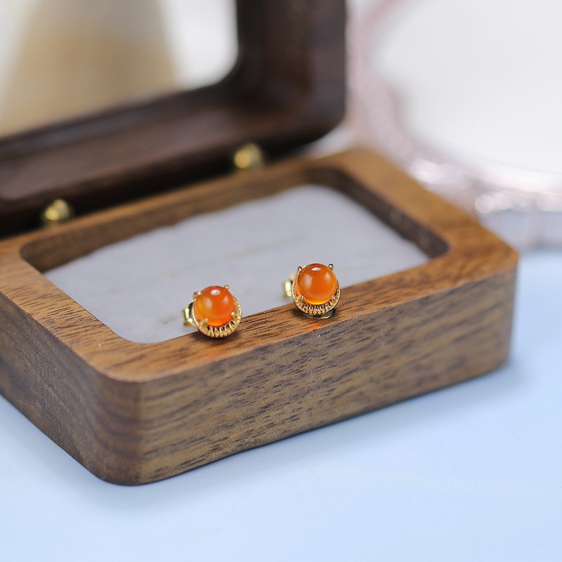ordi橘色玛瑙耳环女复古简约耳饰925纯银镶嵌天然琥珀耳钉