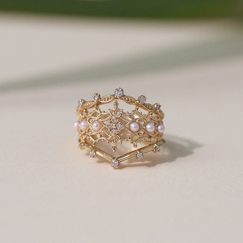 Ordi2025春季新款晨间露珠设计镂空珍珠戒指三件套套戒