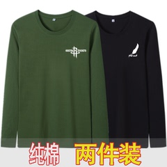 100%纯棉男长袖T恤大码薄款宽松春秋季中青年男装秋衣圆领打底衫