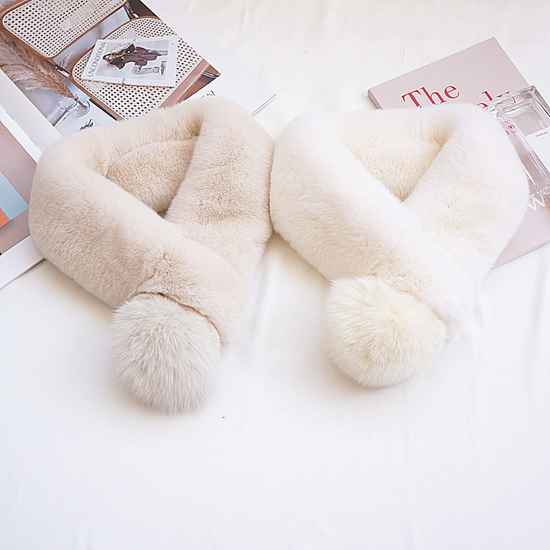 冬季新款女士保暖獭兔毛围巾韩版加厚双面整皮配狐狸毛球皮草围脖