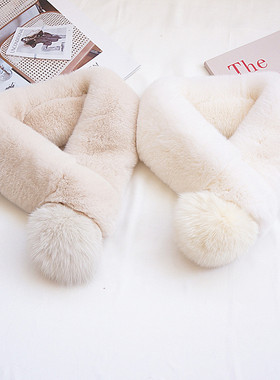 冬季新款女士保暖獭兔毛围巾韩版加厚双面整皮配狐狸毛球皮草围脖