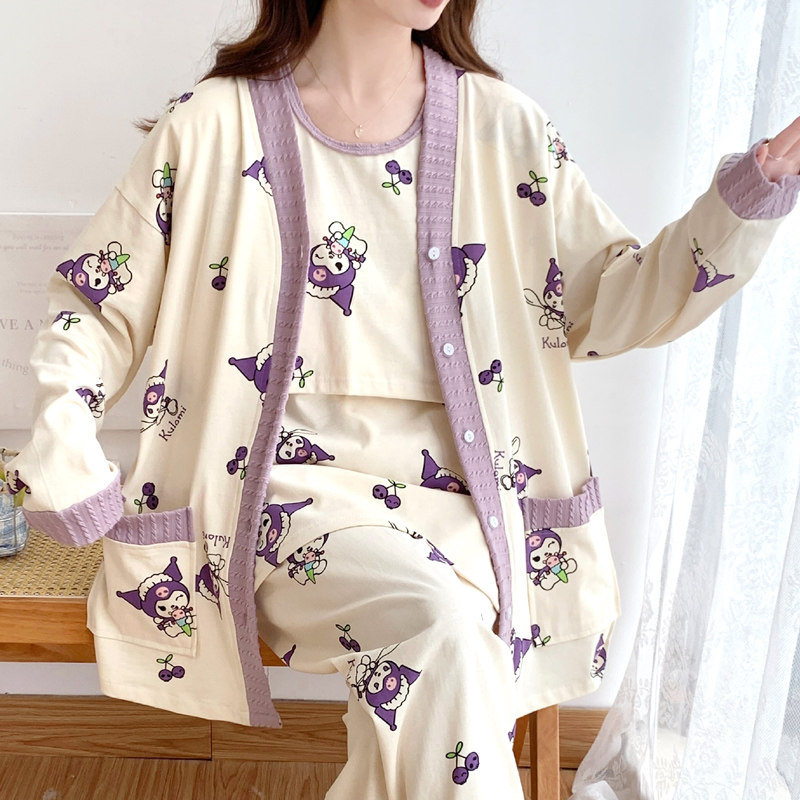 带胸垫月子服三件套春夏季薄款纯棉产后哺乳期3月份4春秋孕妇睡衣