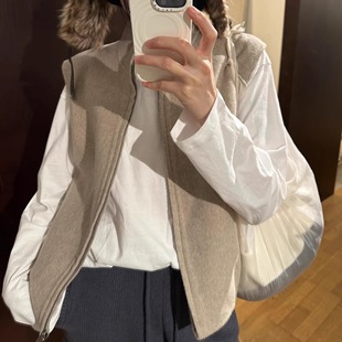 NAME极简高级 纯色百搭马夹上衣女 双面羊绒立领拉链马甲韩国冬季