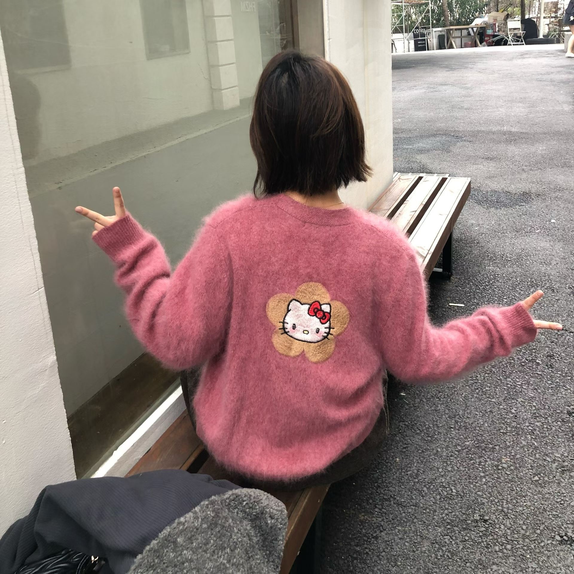 LOVE BUNNY正品~后背KITTY猫提花拉毛毛衣开衫韩国冬季针织外套女