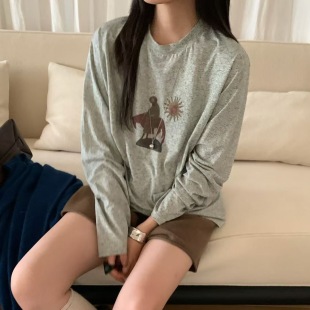 your现 T恤秋冬软糯弹力打底上衣女 韩国落日骑士漫画印花杂色长袖
