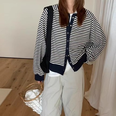 ago条纹控bi入！韩国圆形钢扣排扣卫衣秋季毛圈宽松圆领棒球外套