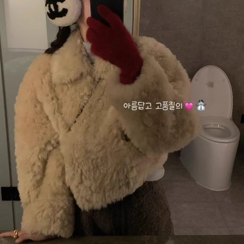 montague韩女穿搭~柔软毛毛翻领皮毛一体外套韩国冬短款保暖上衣