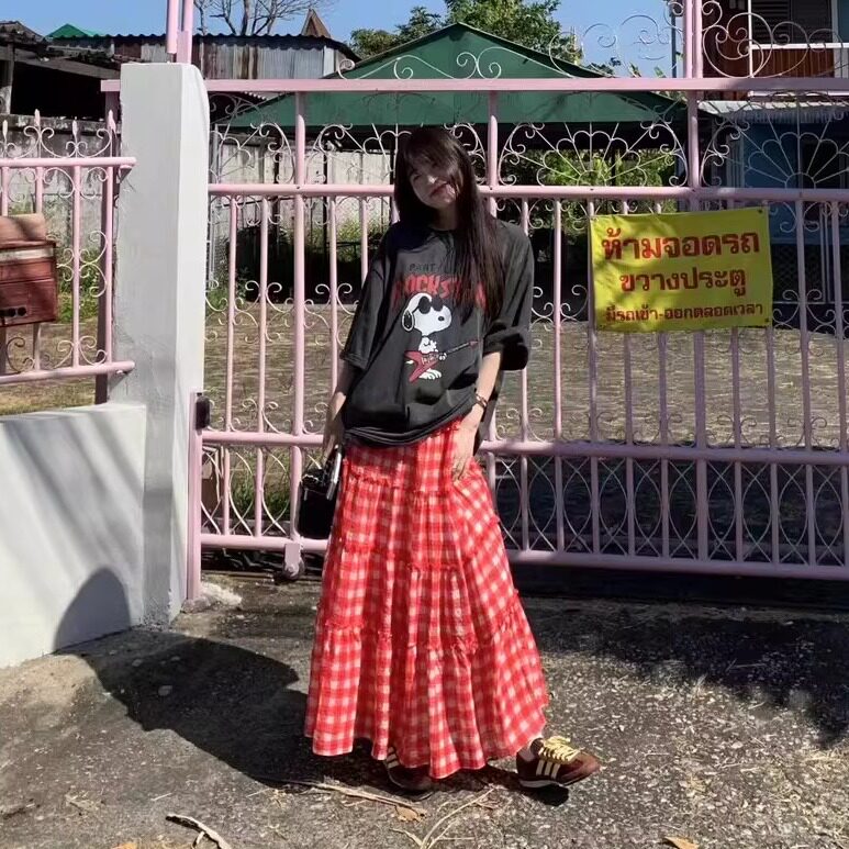 Handwash出片红格子半身裙+史努比卡通印花短袖T恤韩国上衣裙子