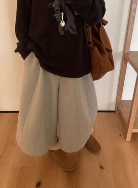 MASOF慵懒松弛感~韩国松紧腰羊毛七分裤冬加厚小个子阔腿裤休闲裤