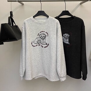 Beauty加厚毛巾绒 宽松休闲保暖上衣 小狗印花圆领卫衣T恤韩国冬季