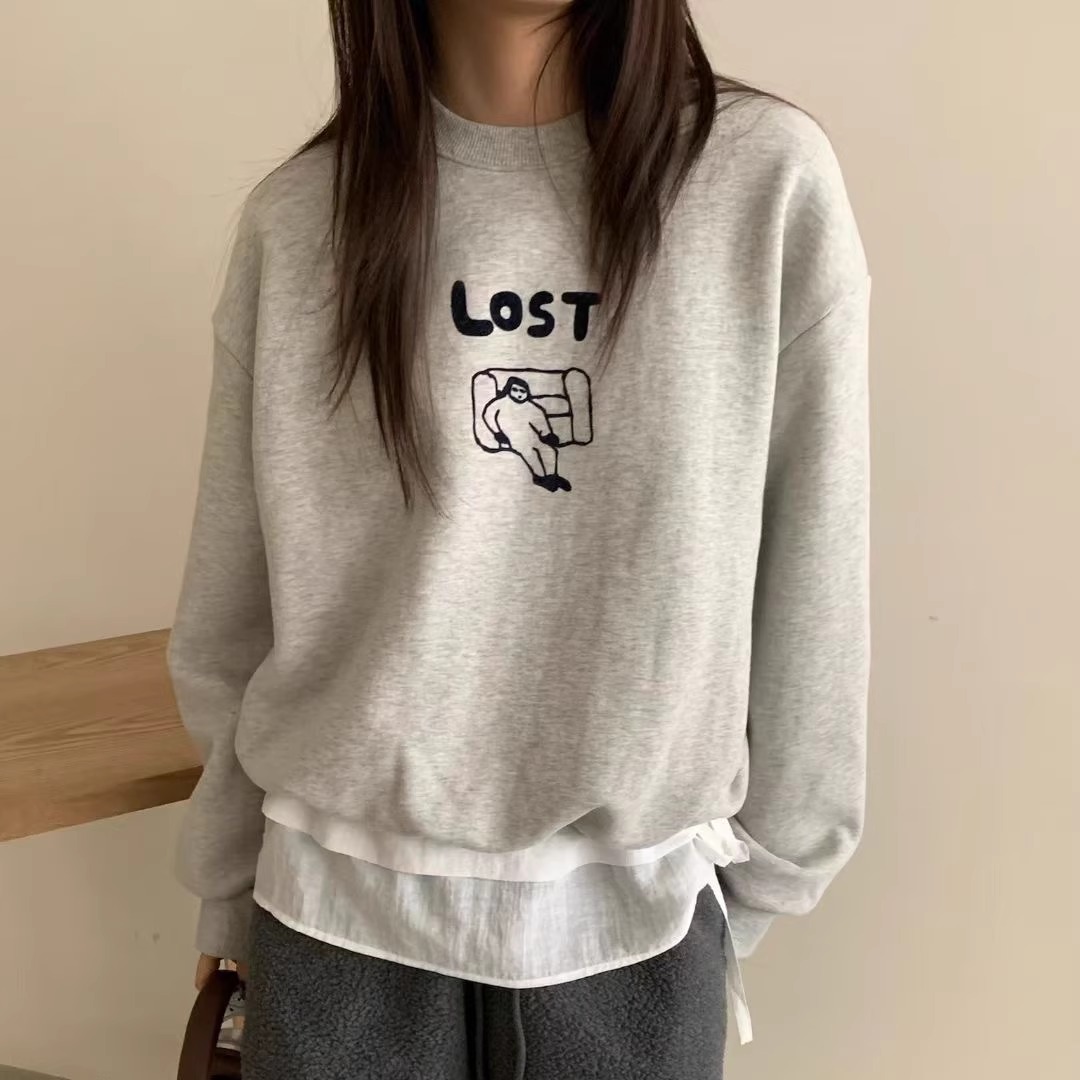 SELF SERVICE趣味沙发人LOST印花磨毛加绒套头卫衣韩国冬加厚绒衫