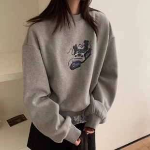 PUSH游戏机小老鼠卡通印花加绒套头卫衣韩国冬季 上衣 加厚保暖绒衫