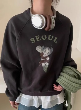 MUTE韩国复古做旧印花SEOUL阿童木卡通印花卫衣冬季薄绒套头上衣