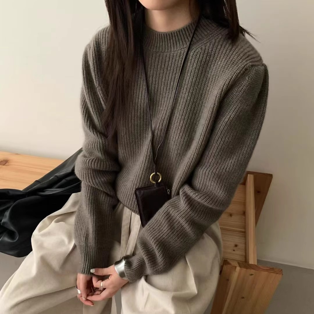 OUPPT羊绒+羊驼+浣熊+羊毛！韩国泡泡袖螺纹套头毛衣显瘦针织上衣