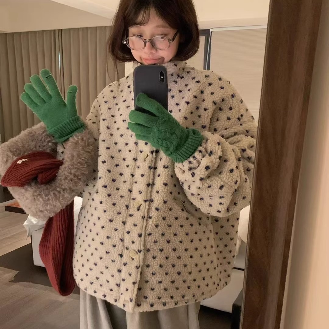 montague甜美波点INS风~羊羔毛立领暗扣摇粒绒外套韩国冬季保暖女