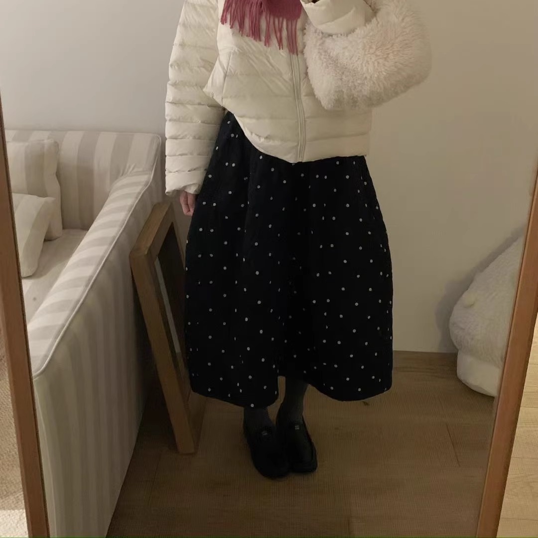 montague正品现货~波点INS压线松紧腰棉裙韩国冬季加厚半身裙长裙