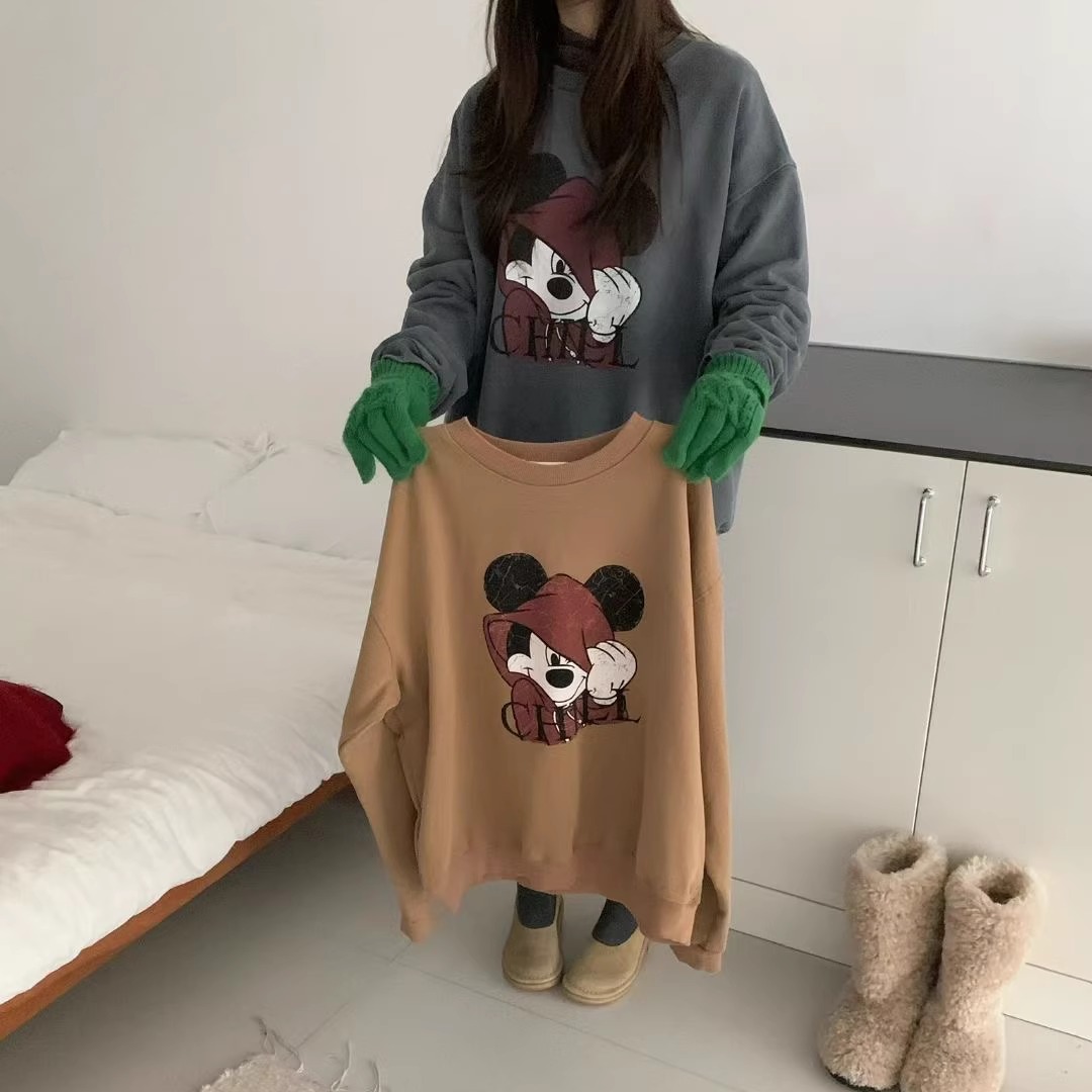 montague正品现货~米奇印花加绒卫衣韩国冬季套头绒衫宽松上衣女