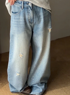 permust超美钻石裤！春季新款高腰显瘦破洞牛仔裤韩国阔腿裤长裤