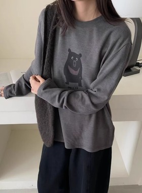 RAUST治愈小棕熊~韩国云朵磨毛长袖T恤冬季加厚圆领宽松休闲上衣