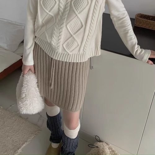 montague正品~羊毛马海毛竖螺纹抽绳松紧腰半身裙韩国冬针织短裙